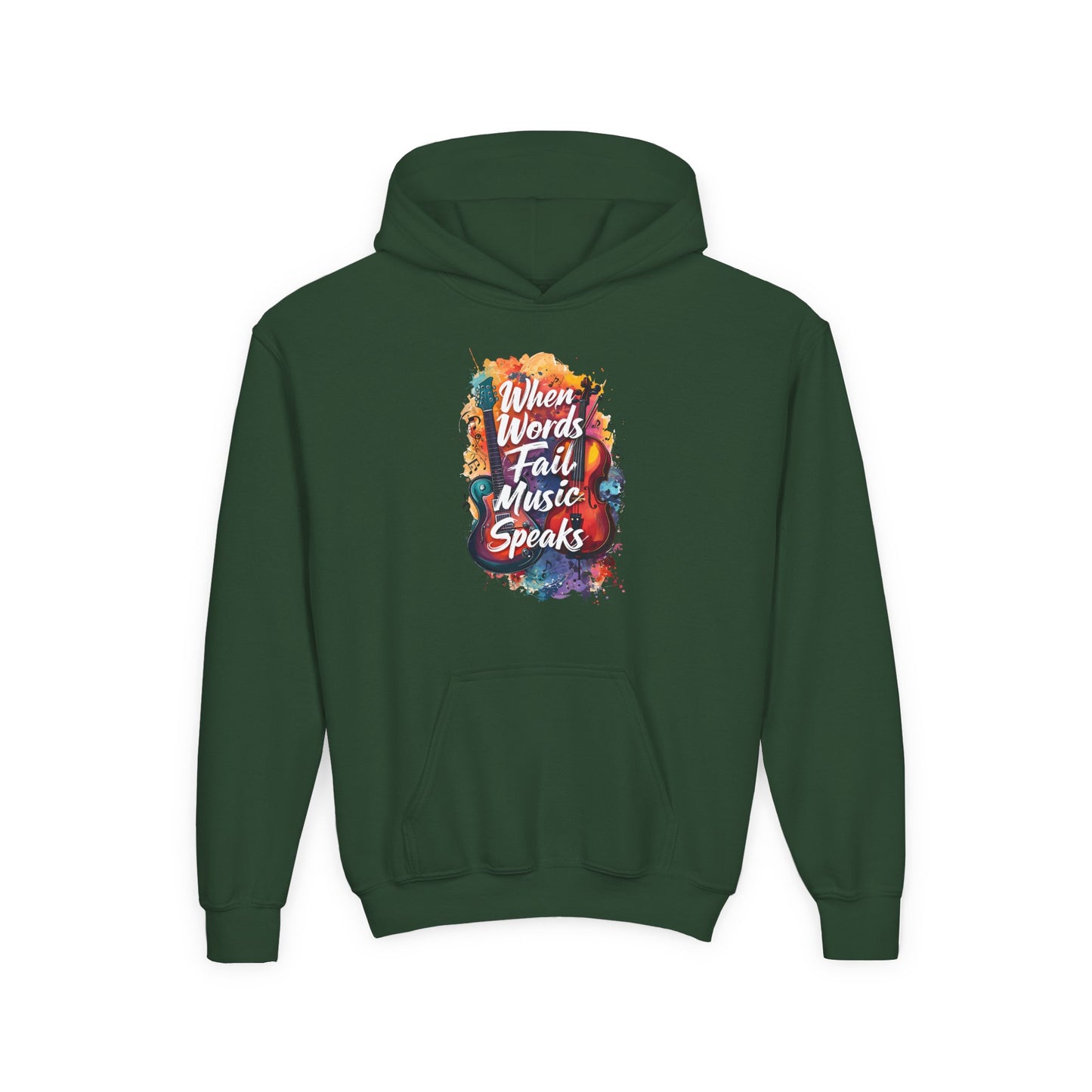 Youth Hoodie — "When Words Fail Music Speaks" Colorful Watercolor Design