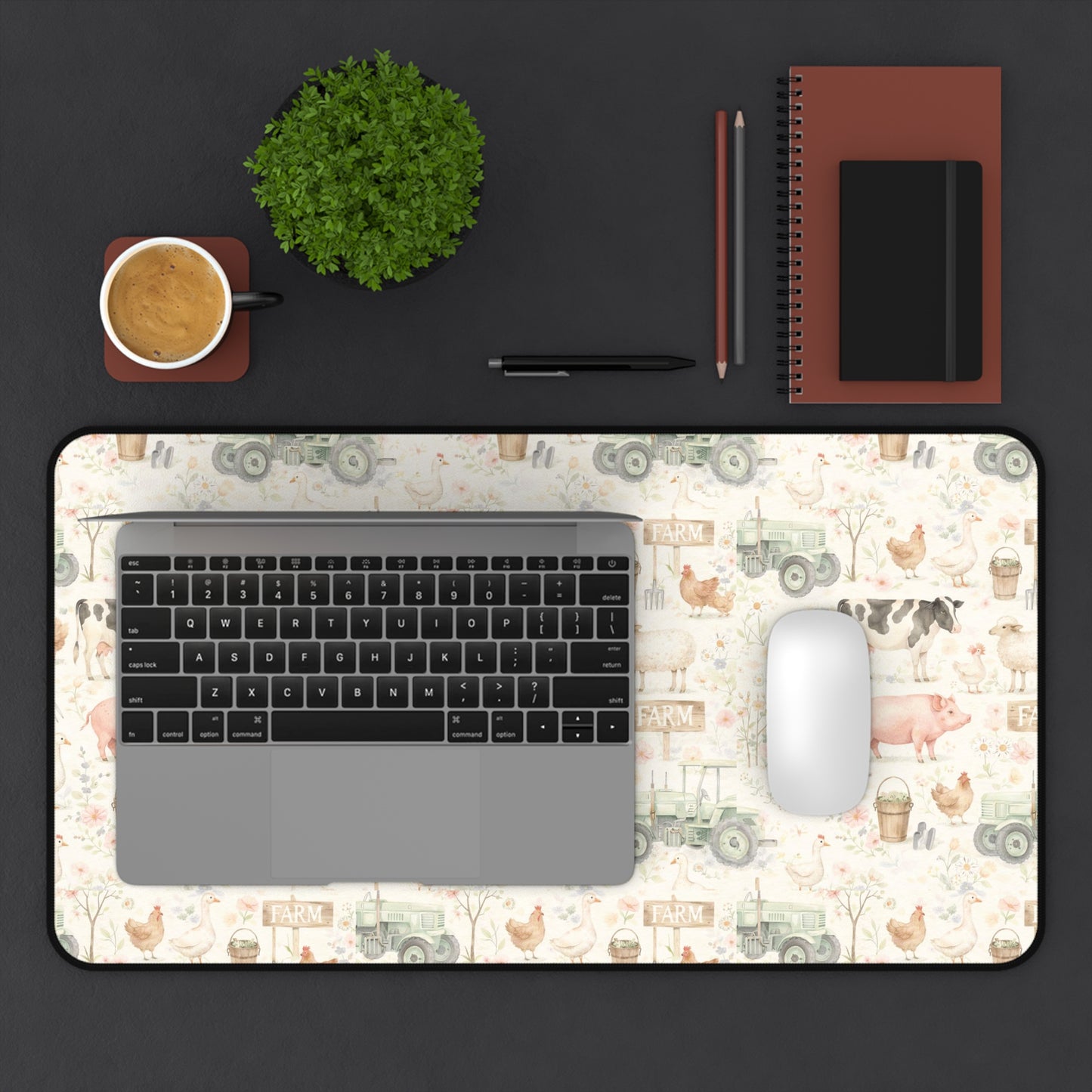 Farmhouse Animals Desk Mat — Vintage Tractor, Pig & Chicken Pattern