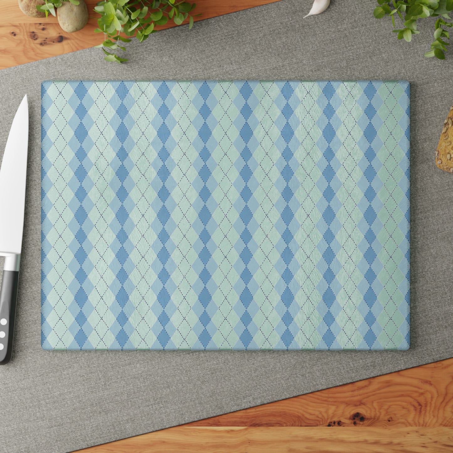 Argyle Pattern Glass Cutting Board — Blue Pastel Kitchen Prep Board