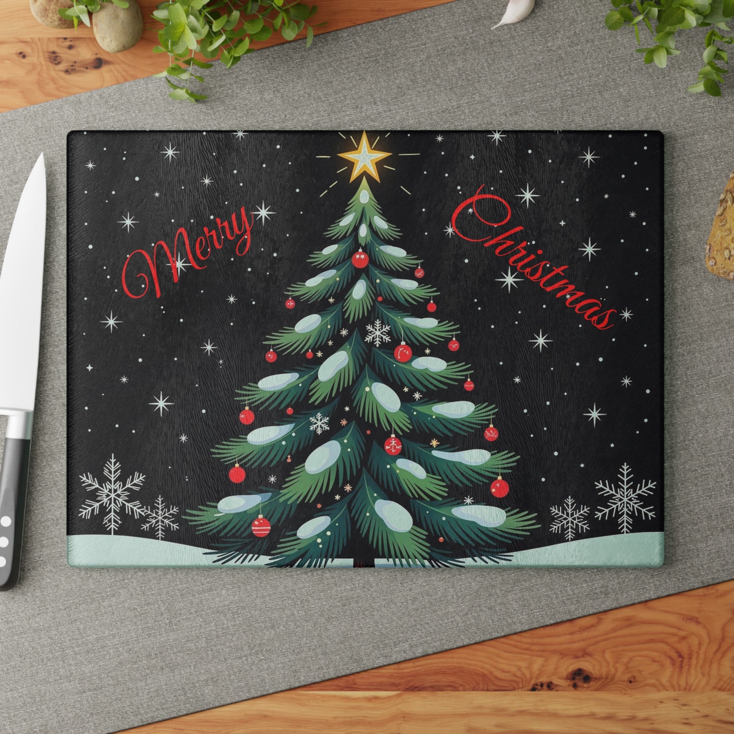 Christmas Tree Glass Cutting Board – "Merry Christmas" Festive Holiday Kitchen Decor