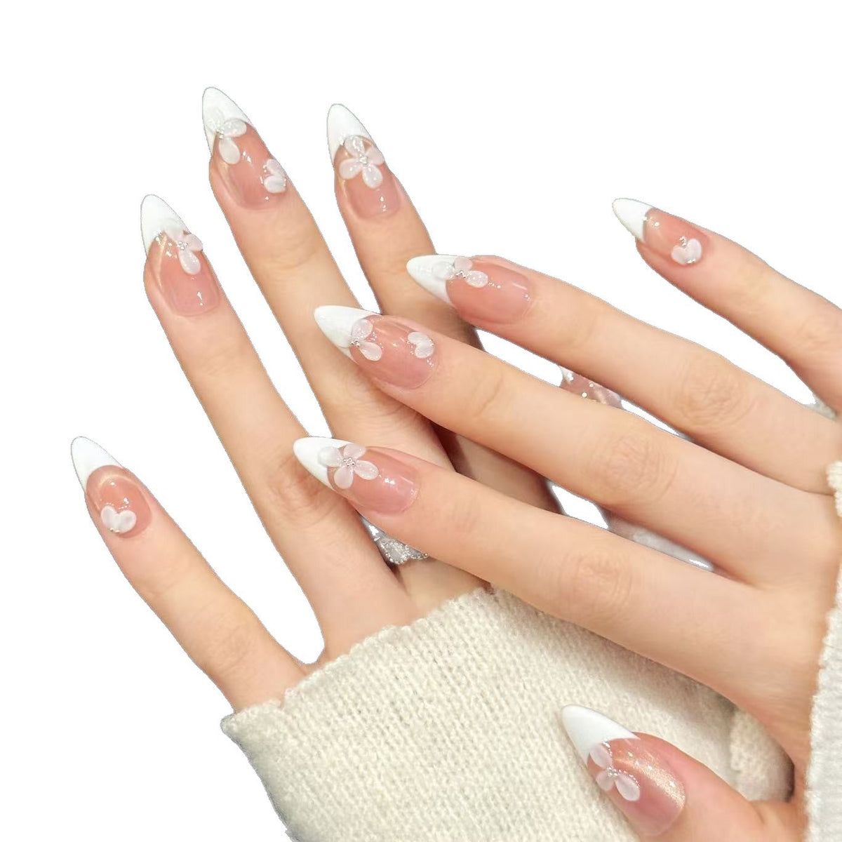 Soft Nude French Petal Flower Glossy Press On Tips – Image 4