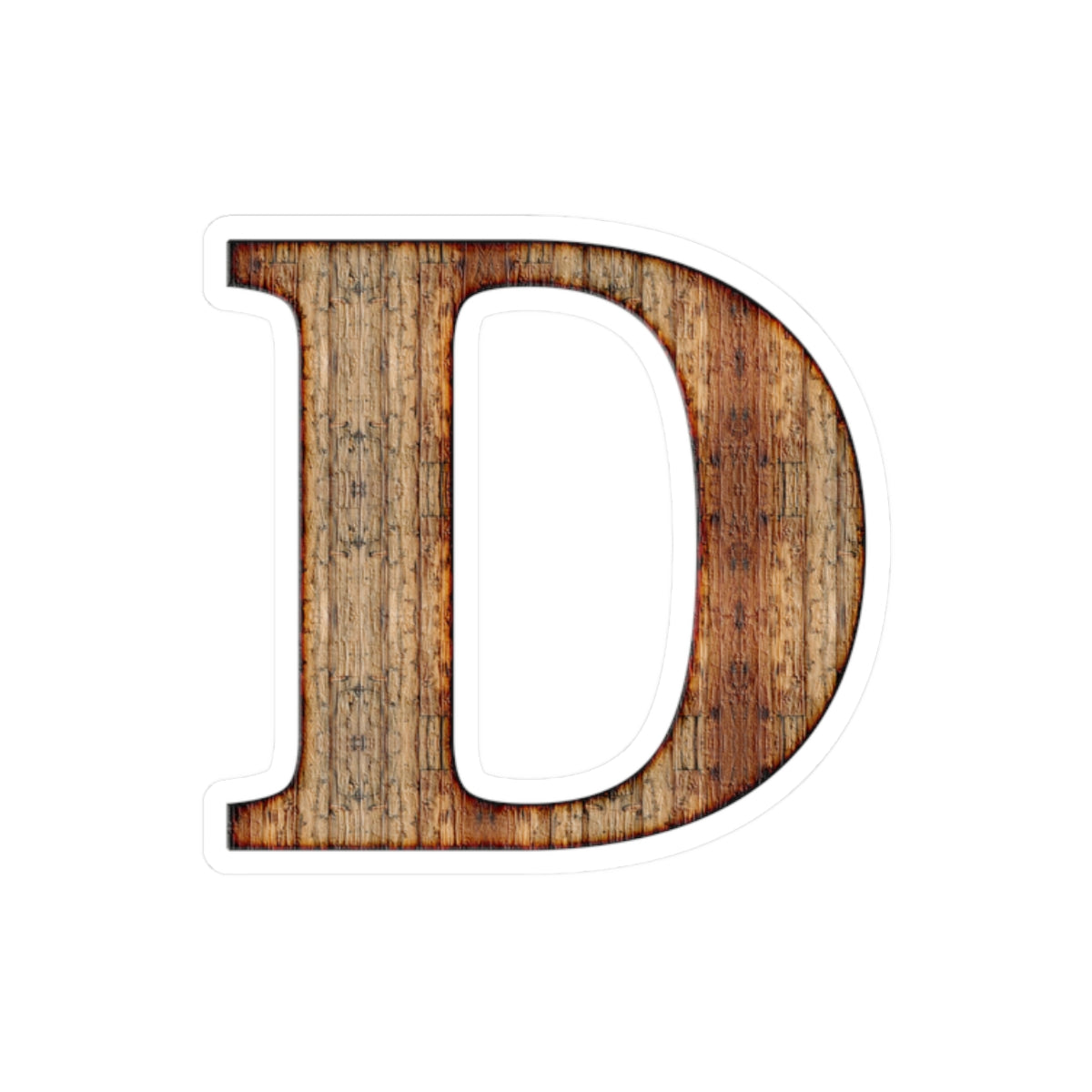 Wood Grain Letter D Sticker — Rustic Monogram Kiss-Cut Sticker for Laptops & Water Bottles
