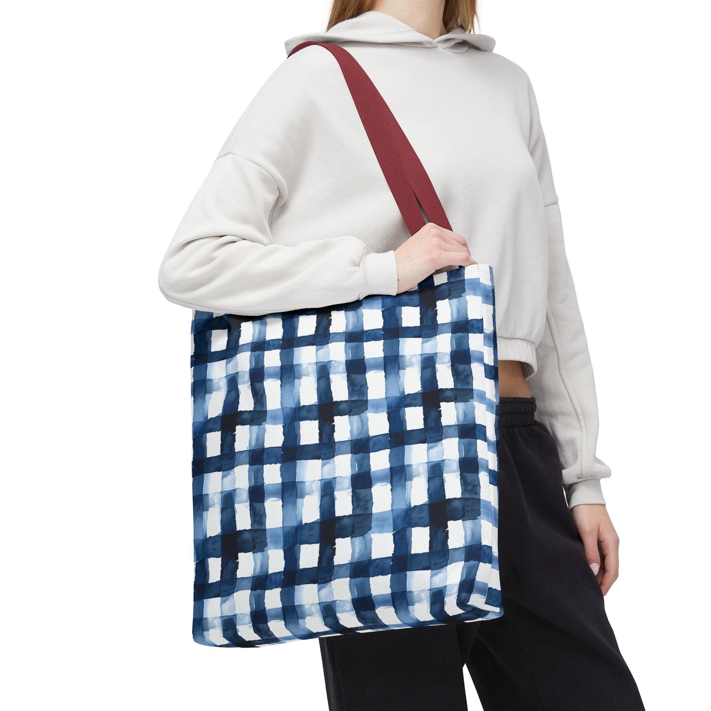 Blue Watercolor Plaid Tote Bag — Navy Check Pattern All-Over Print