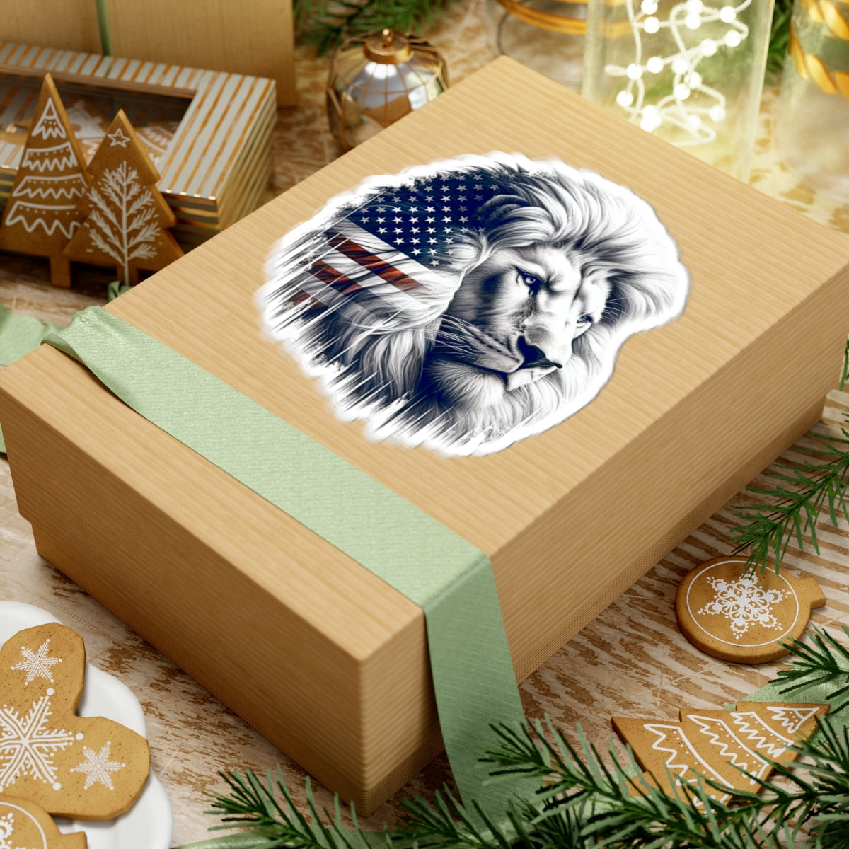 American Flag Lion Kiss-Cut Sticker — Patriotic Lion Decal for Laptop, Water Bottle