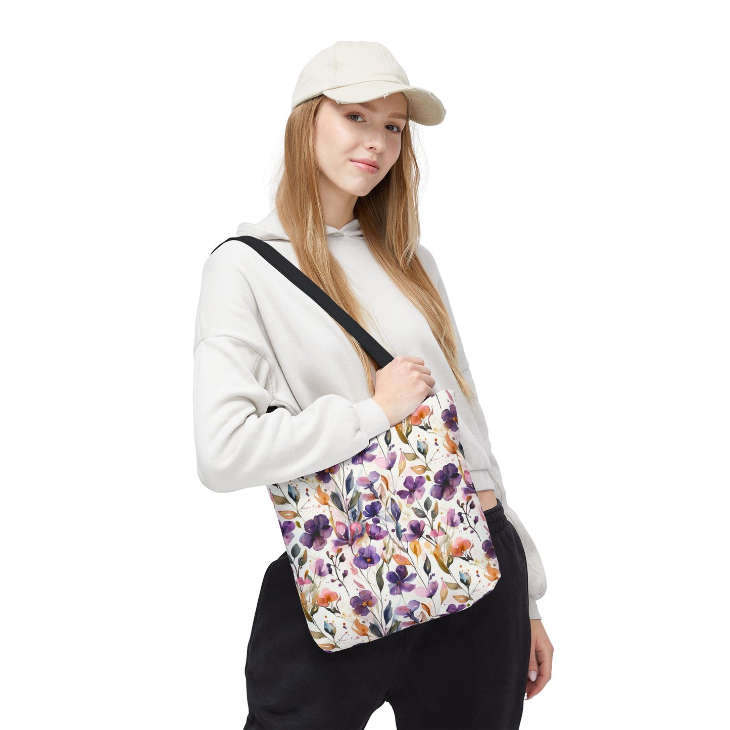 Floral Watercolor Tote Bag — Purple & Orange Botanical All-Over Print