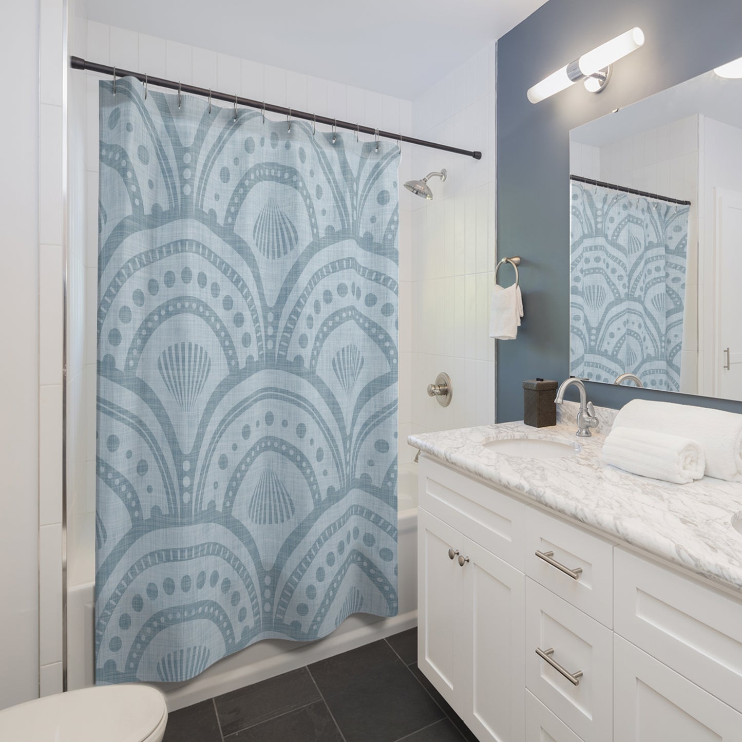 Blue Coastal Shell Shower Curtain — Nautical Seashell Pattern Bathroom Decor