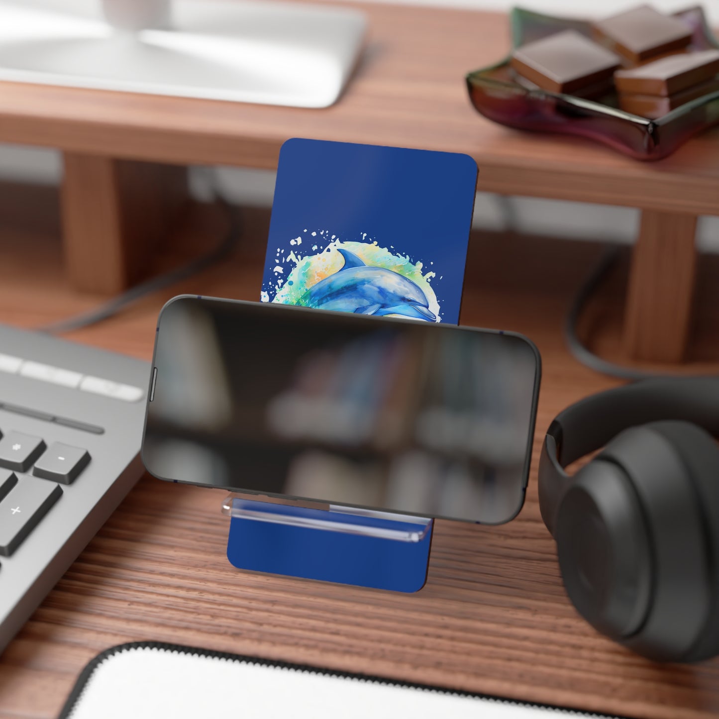 Dolphin Watercolor Phone Stand — Foldable Mobile Display Stand for Smartphones
