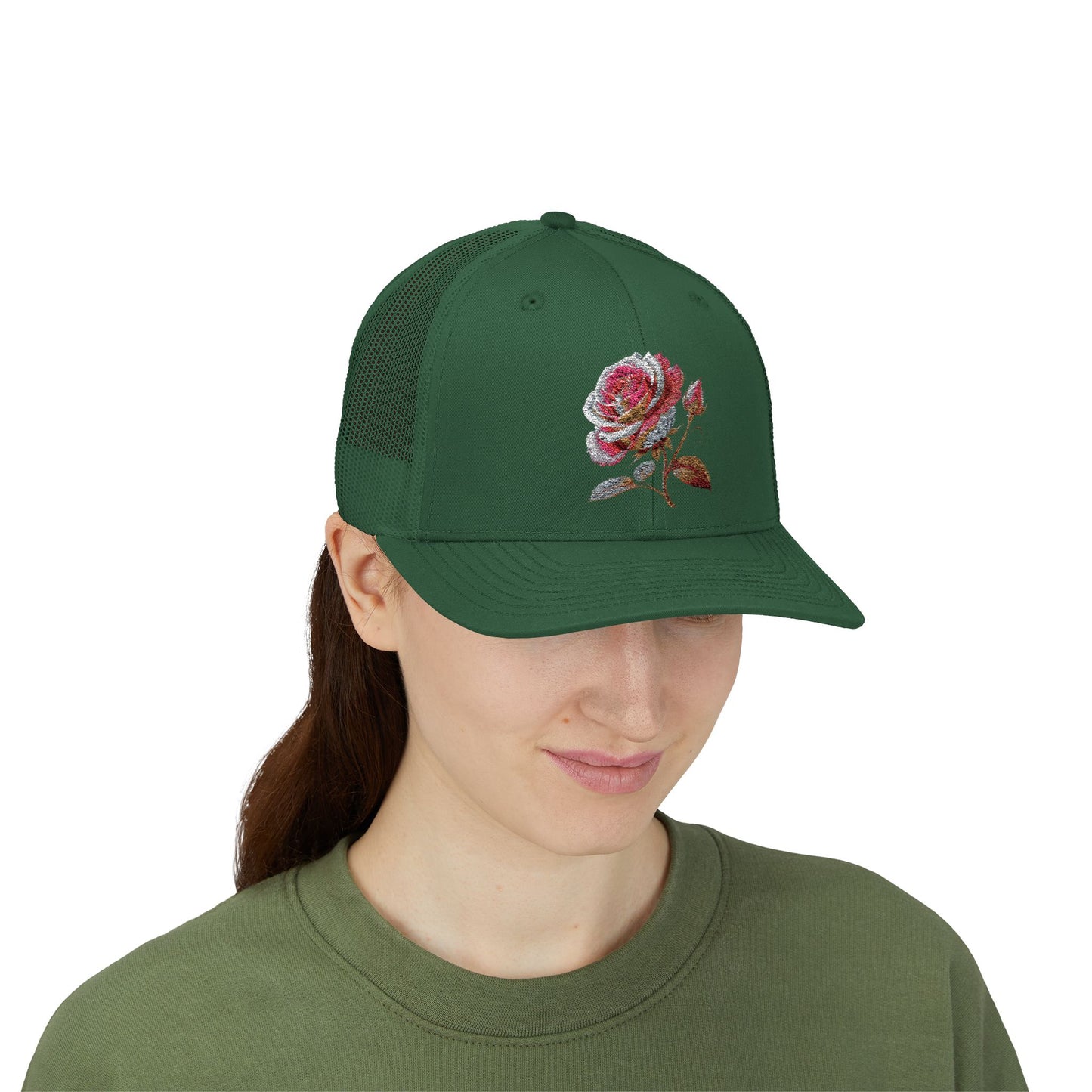 Rose Embellished Snapback Trucker Cap, Casual Hat for Outdoor Events, Gift for Flower Lovers, Stylish Fashion Accessory, Holiday Cap