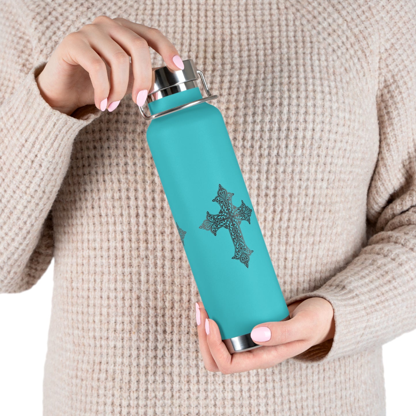 Stylish Copper Insulated Water Bottle - 22oz, Cross Design, Travel Flask, Gift for Him/Her, Unique Outdoor Hydration