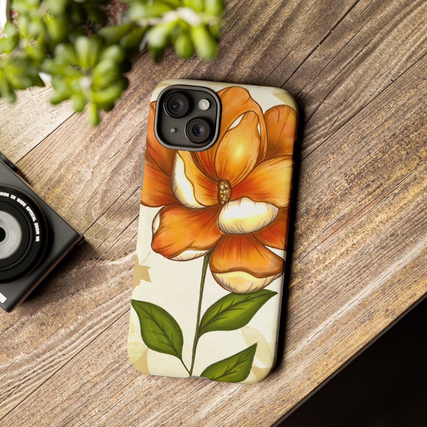 Floral Phone Case with Orange Flower Design, Tough Phone Cover, Floral Gift, Stylish Tech Accessory, Nature Lovers, Spring Vibes