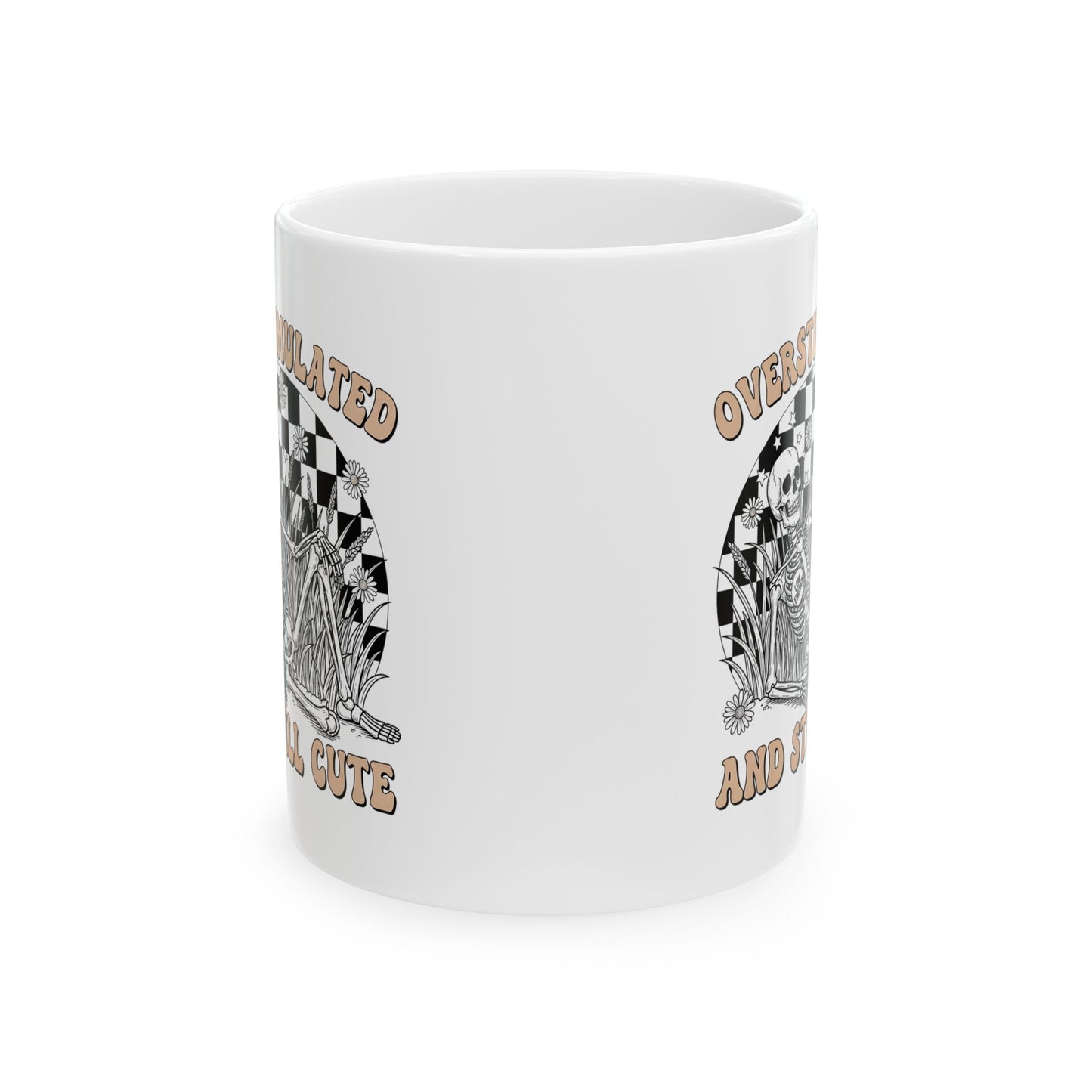 Ceramic Mug — “Overstimulated and Still Cute” Retro Checker Skull Coffee Cup (11oz & 15oz)