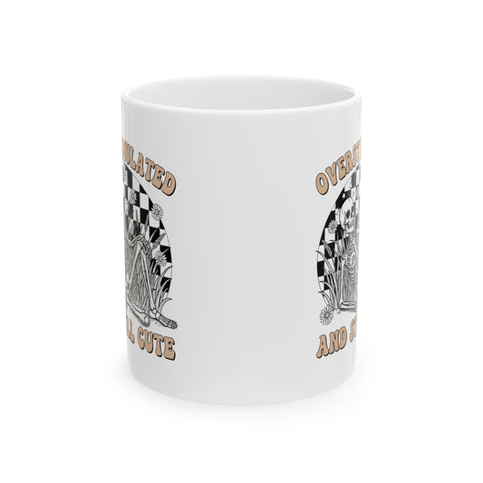 Ceramic Mug — “Overstimulated and Still Cute” Retro Checker Skull Coffee Cup (11oz & 15oz)