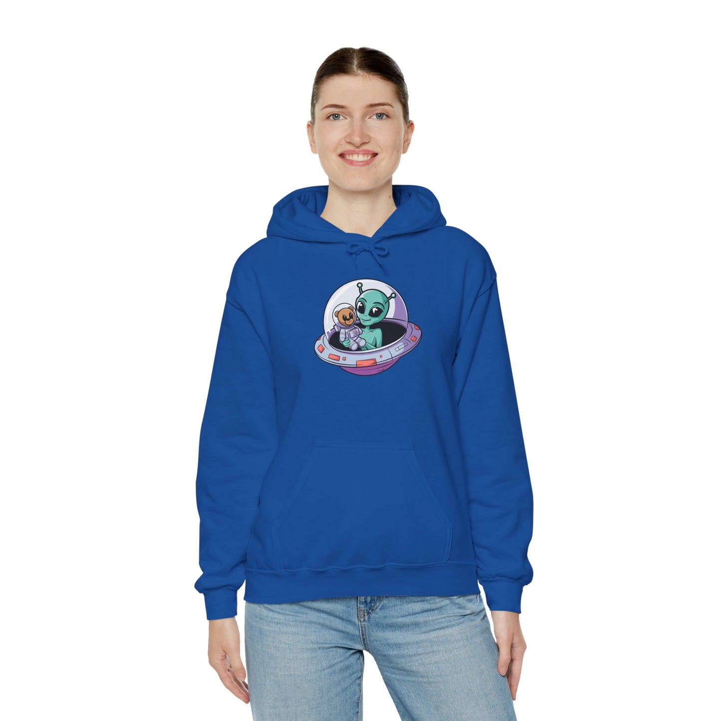 Cute Alien and Kid Hoodie, Unisex Heavy Blend Sweatshirt, UFO Lover Gift, Halloween Costume, Space-Themed Outfit, Birthday Present