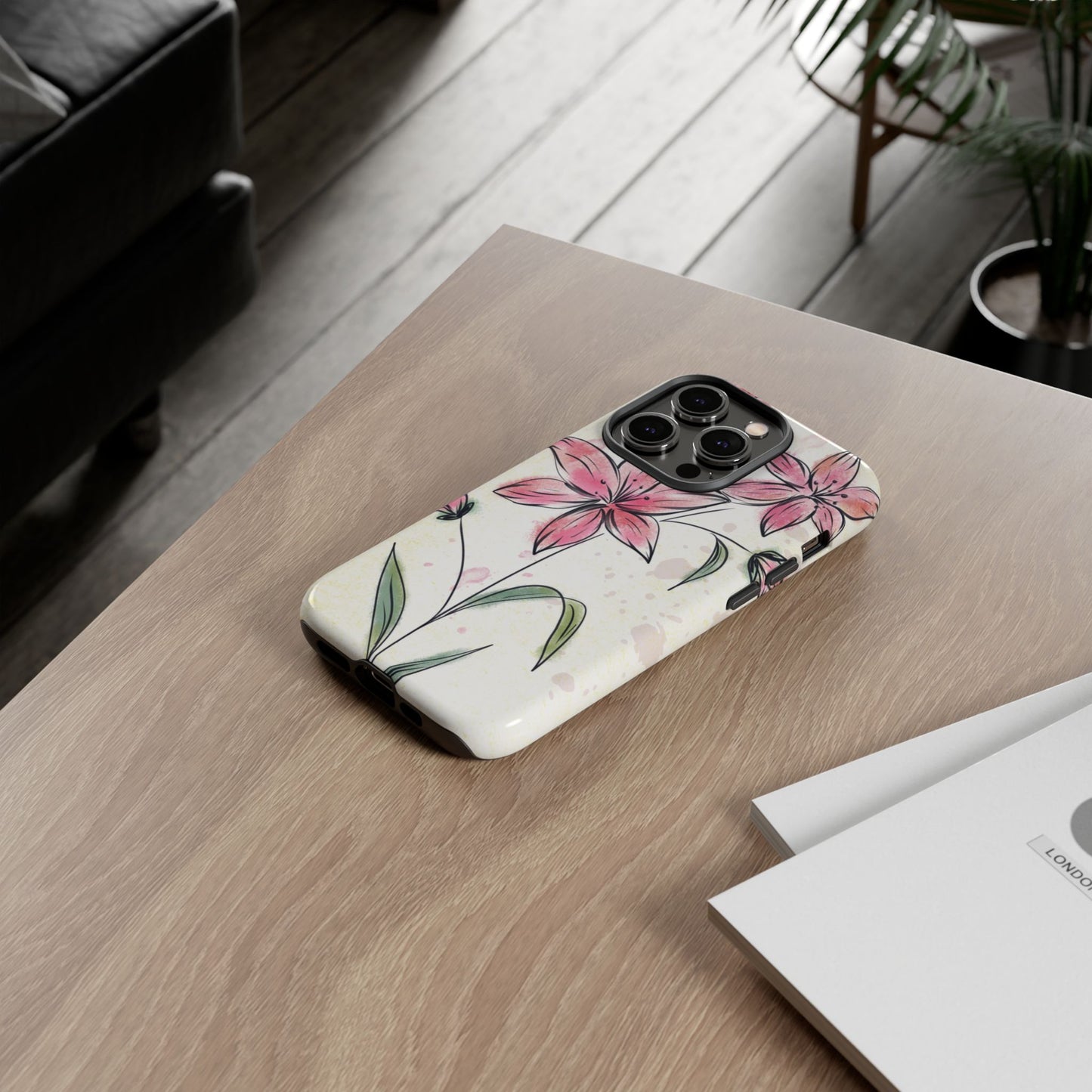 Floral Phone Case with Elegant Pink Lilies, Cute Floral Accessories, Phone Protection, Gift for Her, Stylish Cell Phone Cover