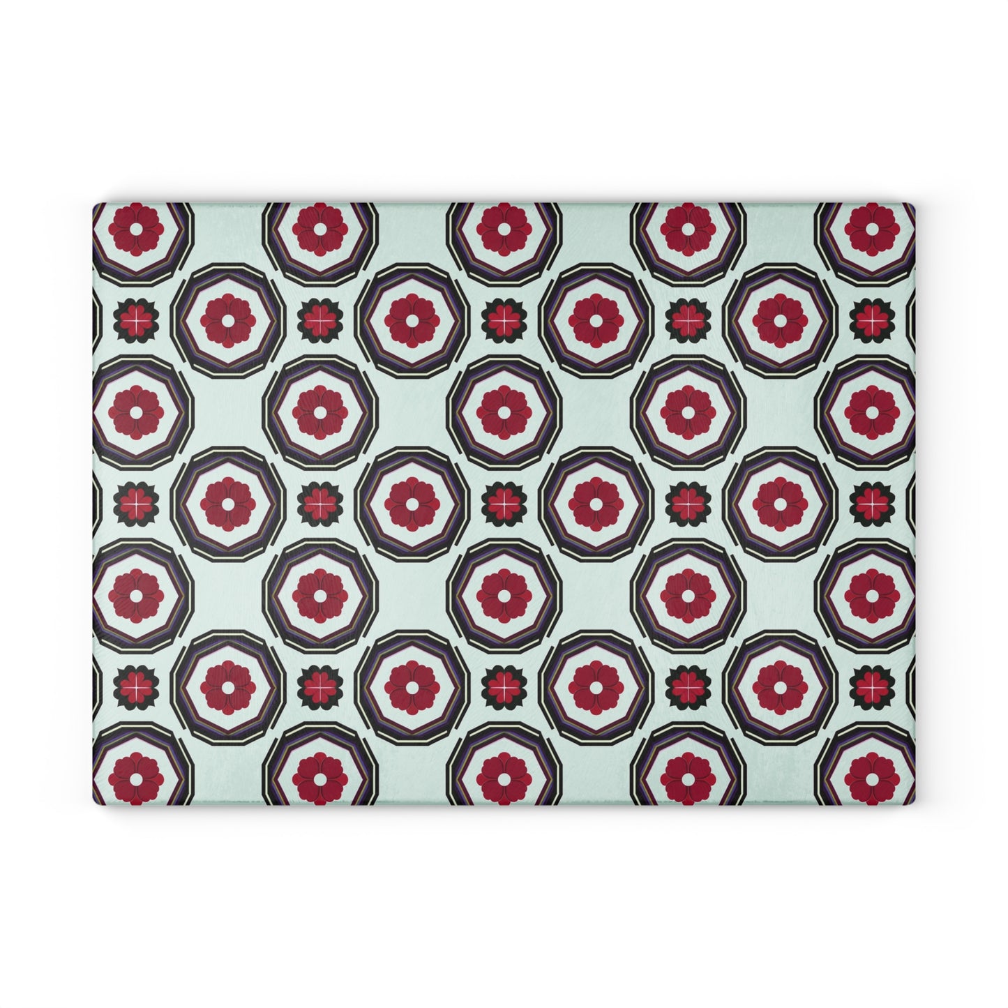 Retro Geometric Glass Cutting Board — Mint & Burgundy Pattern