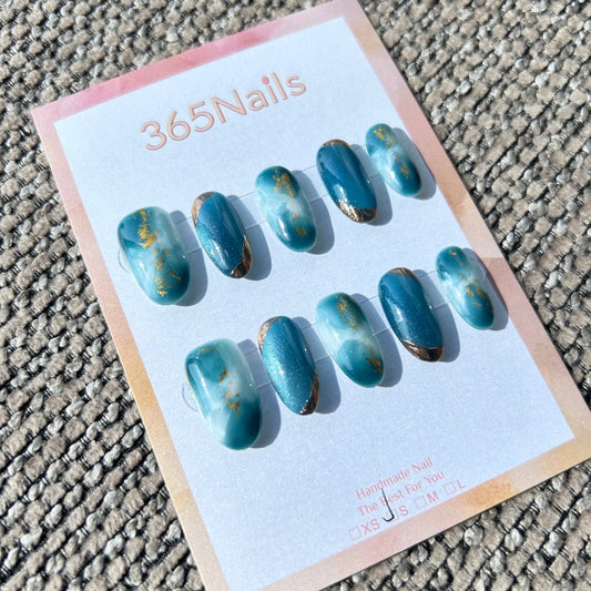 Ethereal Ink: "Teal Mist" – Deep Cyan & White Cloud Marble with Blue Cat Eye & Gold Tip Oval Nails – Image 2