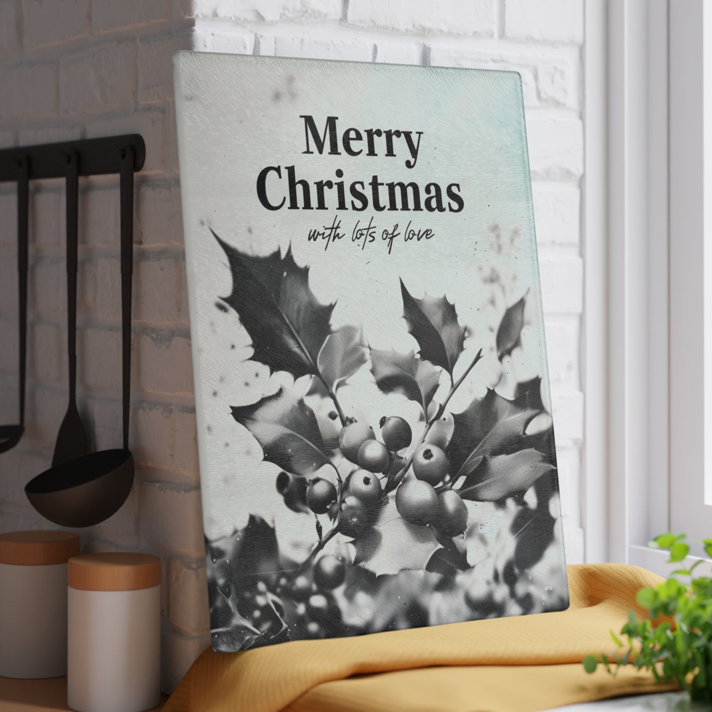 Merry Christmas Glass Cutting Board – Holly Berries Holiday Kitchen Decor