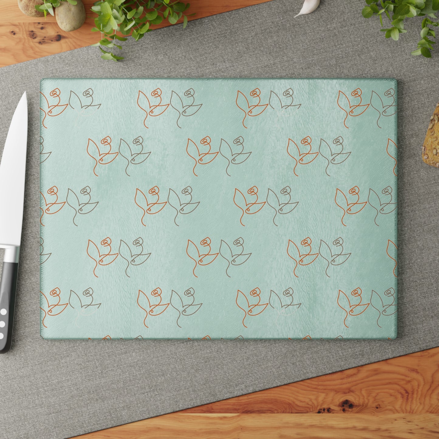 Floral Line Art Glass Cutting Board — Minimal Rose Pattern on Mint or White