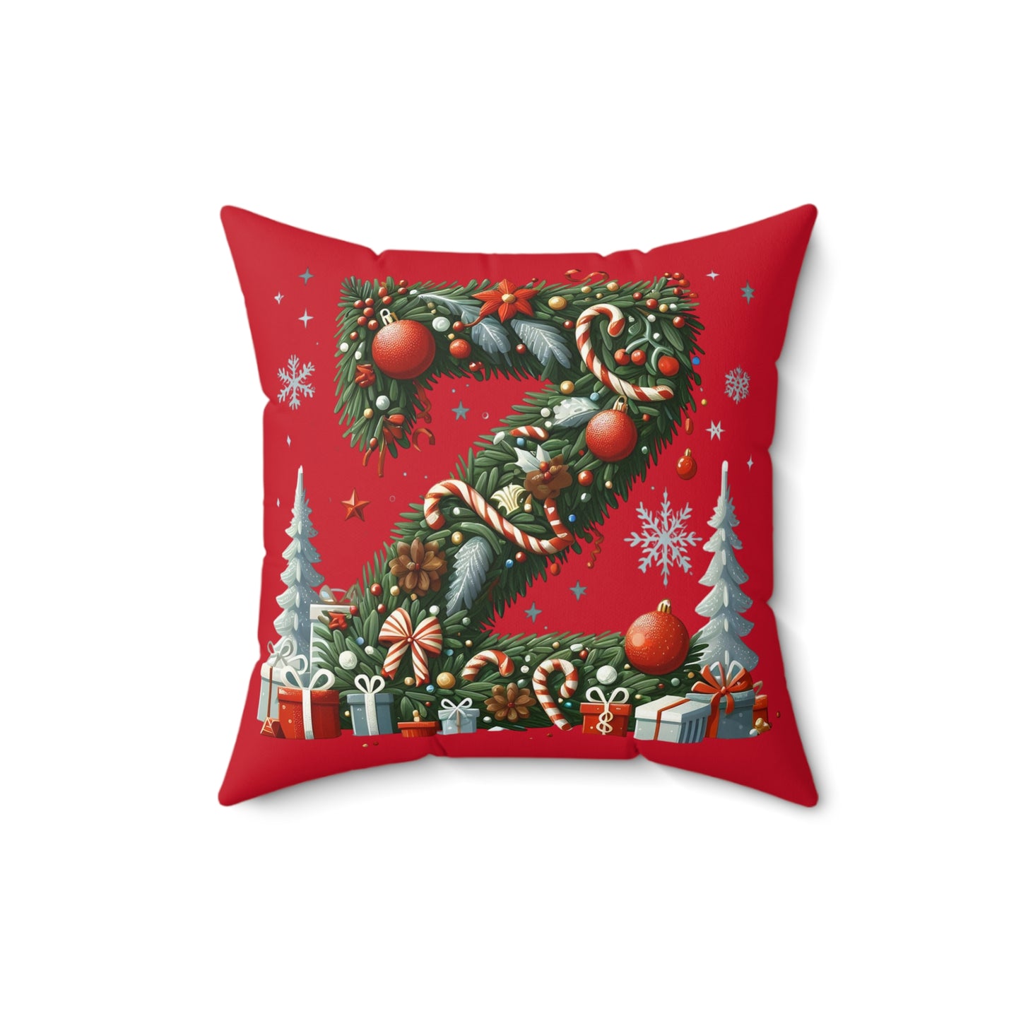Christmas Wreath 'Z' Holiday Throw Pillow – Festive Red Decorative Cushion
