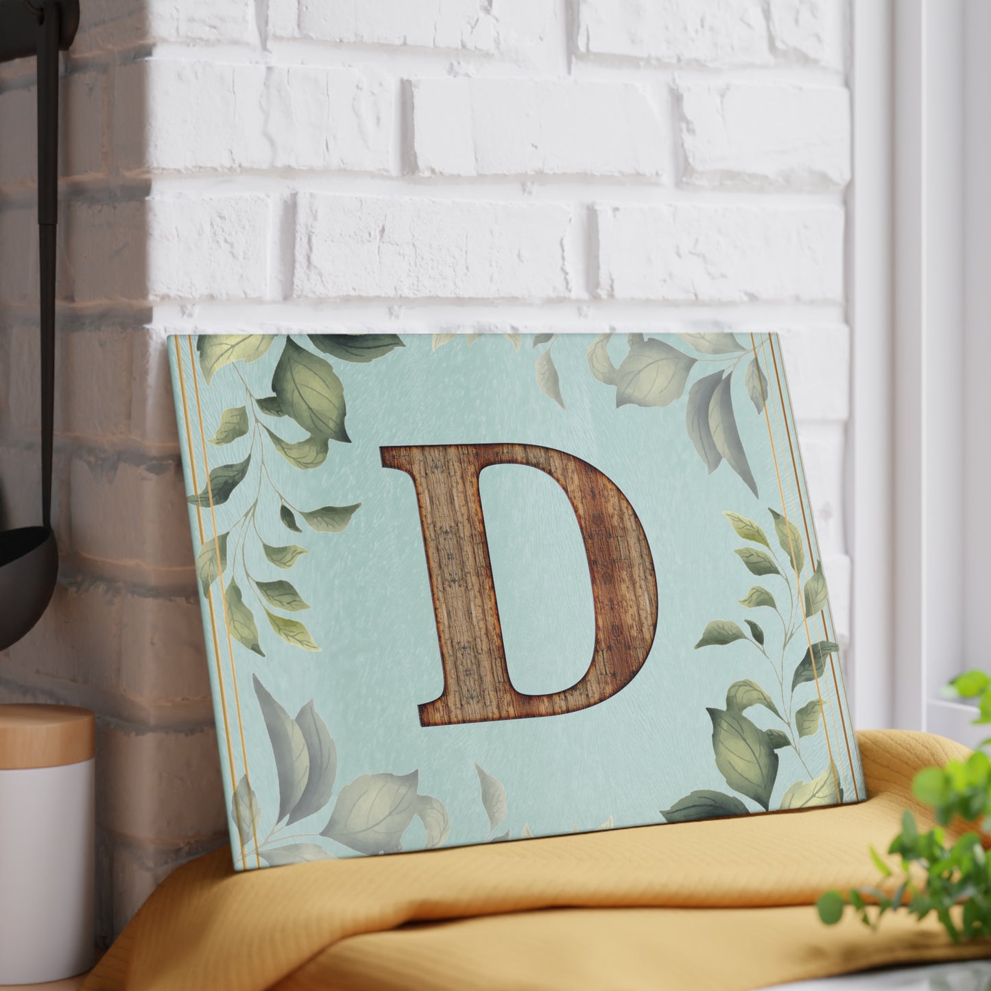 Floral Leaf Glass Cutting Board — Mint & White Decorative Kitchen Board