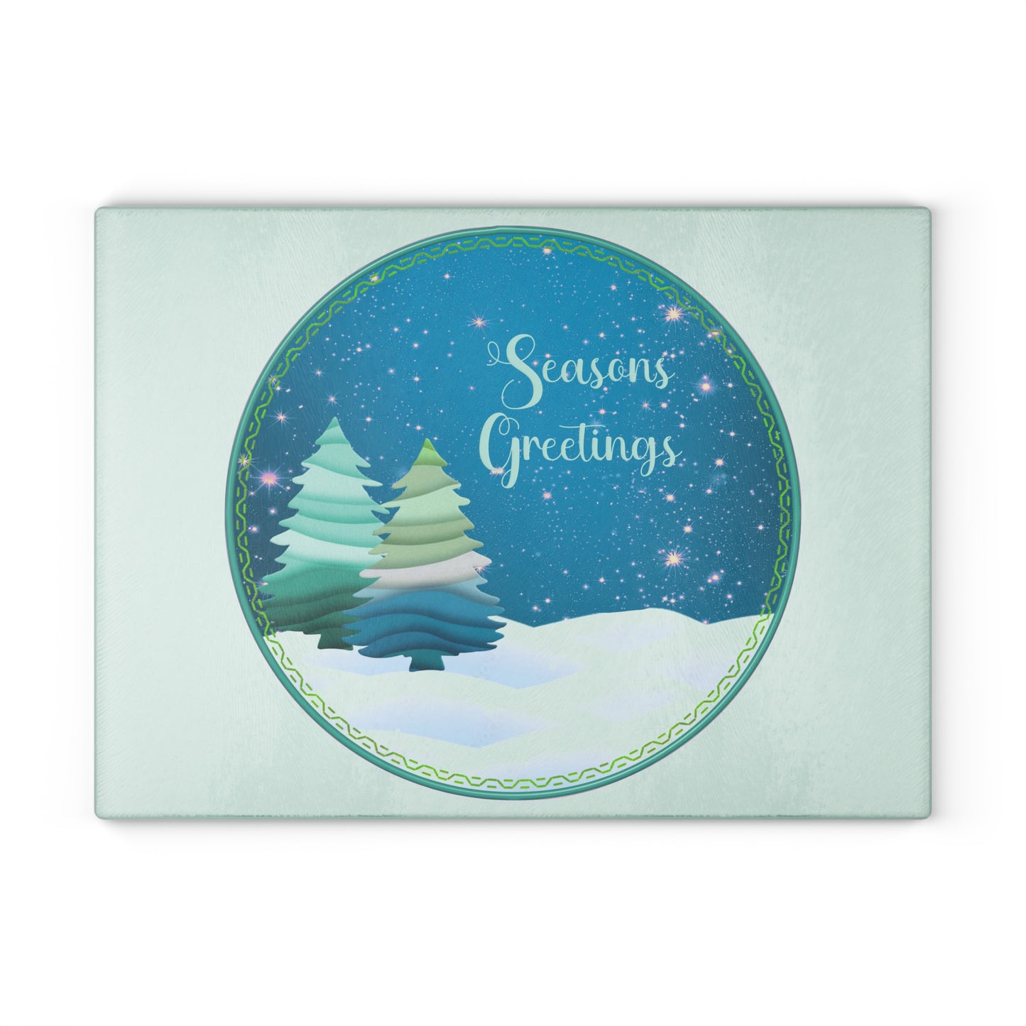 Seasons Greetings Glass Cutting Board – Festive Winter Trees Holiday Kitchen Decor