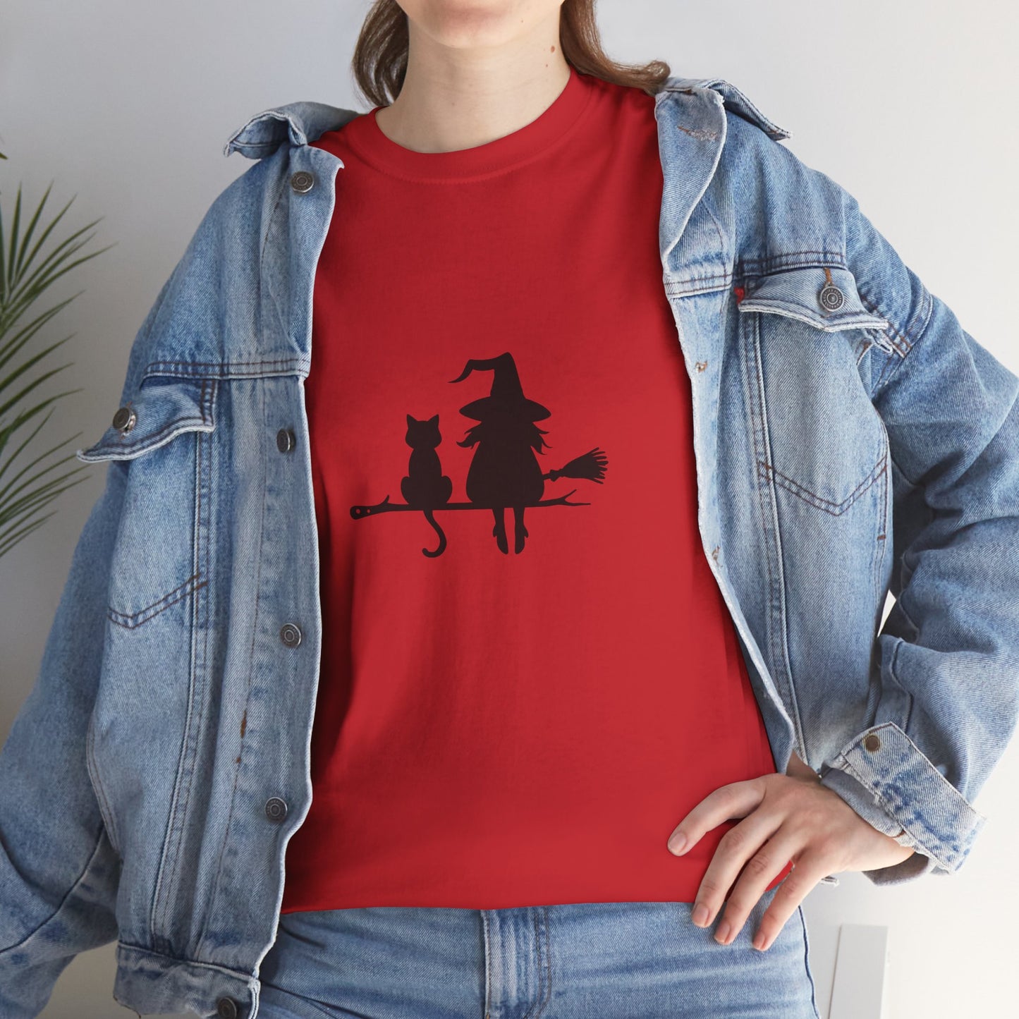 Witch and Cat Tee | Spooky Unisex Shirt for Halloween | Cute Witchwear for Cat Lovers | Fall Wardrobe Essential | Gift for Magical Friends