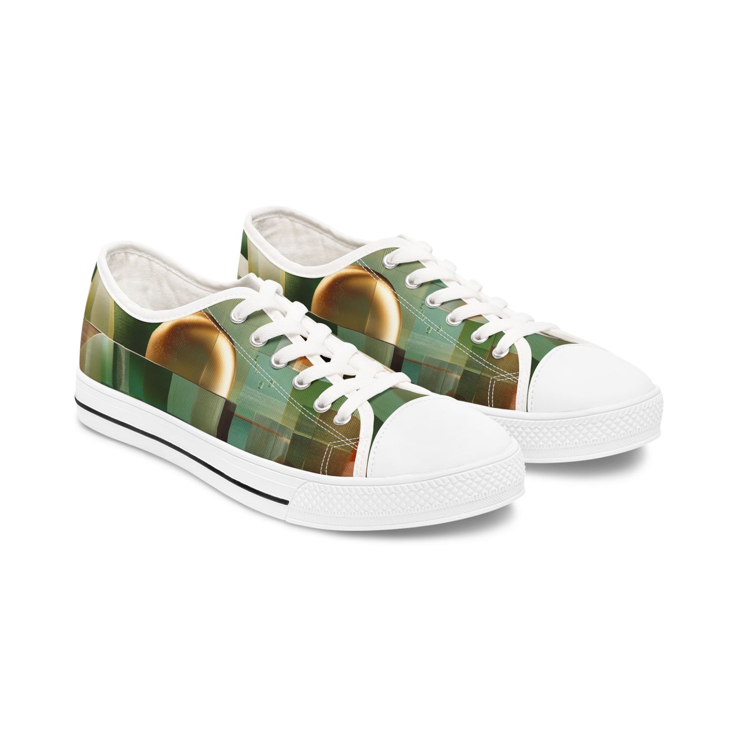 Low Top Sneakers — Green Abstract Geometric with Gold Orb Design