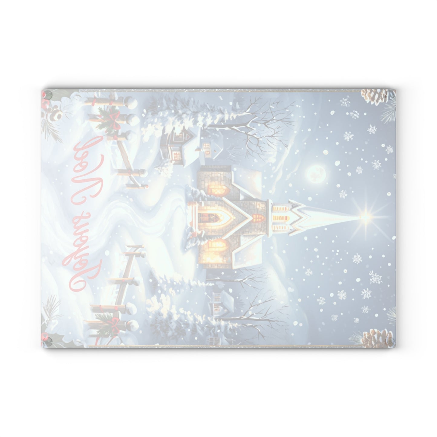 Glass Cutting Board — Joyeux Noël Winter Church Scene Holiday Kitchen Decor