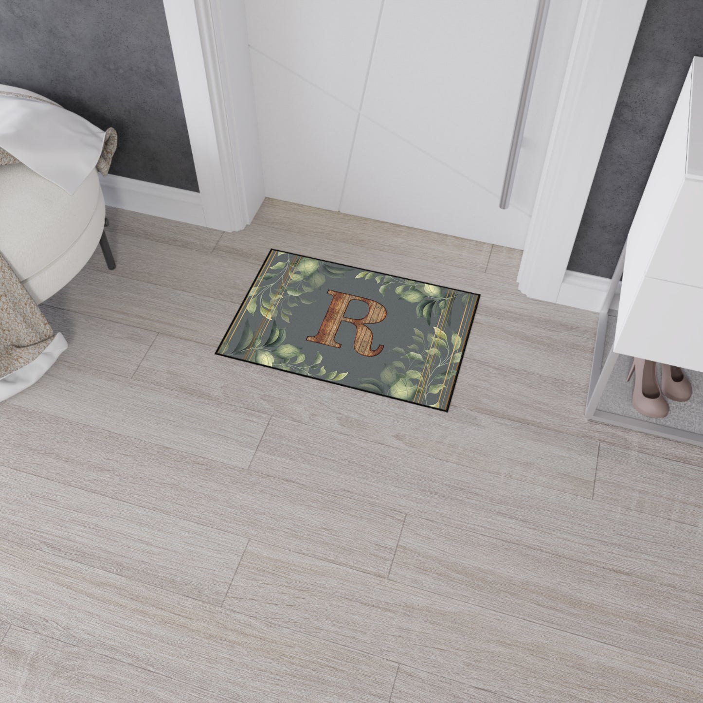 Personalized Monogram Floor Mat - Rustic Wood 'R' with Greenery Welcome Rug - Letter R