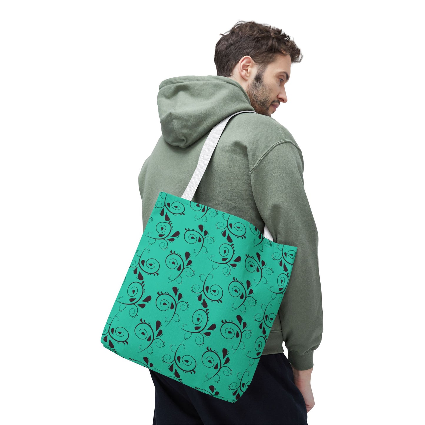Turquoise Floral Swirl Tote Bag – All-Over Print Stylish Shopping Bag