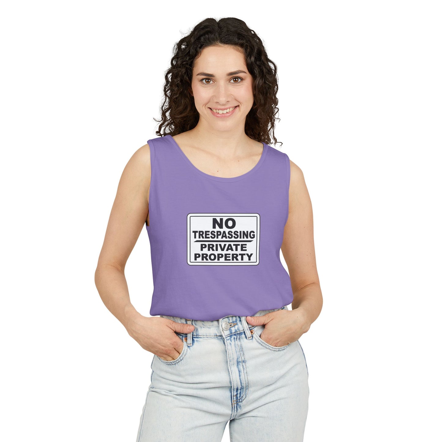 No Trespassing Garment-Dyed Tank Top | Unisex Summer Wear, Beach Vacation Shirt, Outdoor Adventure Top, Gift for Nature Lovers