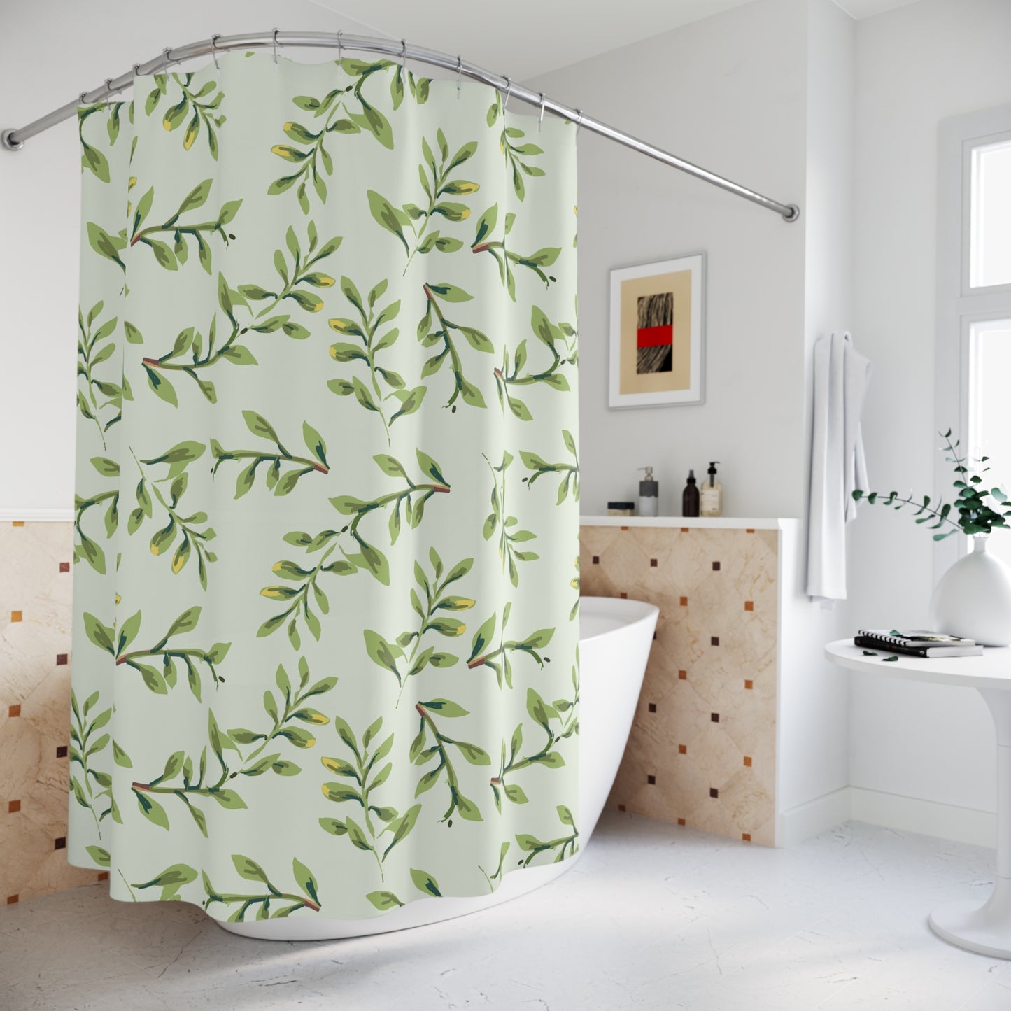 Botanical Leaf Shower Curtain — Watercolor Green Branch Bathroom Decor