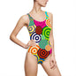 Vibrant Women's One-Piece Swimsuit with Colorful Circle Design, Summer Swimwear, Pool Party Outfit, Beachwear, Summer Fashion