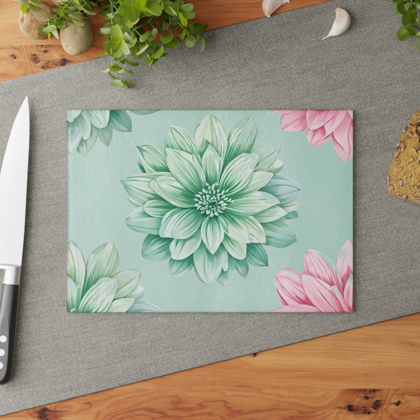 Floral Glass Cutting Board — Pastel Succulent Dahlia Kitchen Board