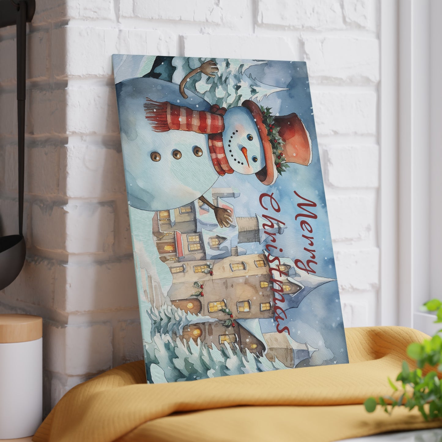 Merry Christmas Snowman Glass Cutting Board – Festive Holiday Kitchen Decor