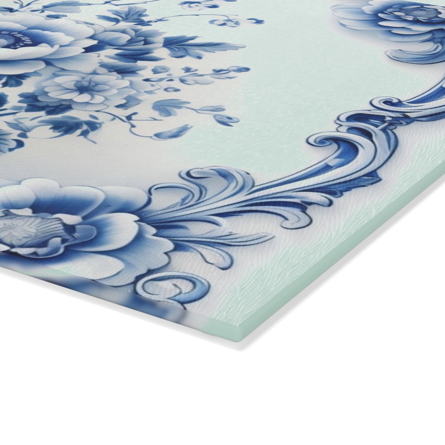 Blue Floral Glass Cutting Board — Vintage Delft-Style Kitchen Serving & Chopping Board