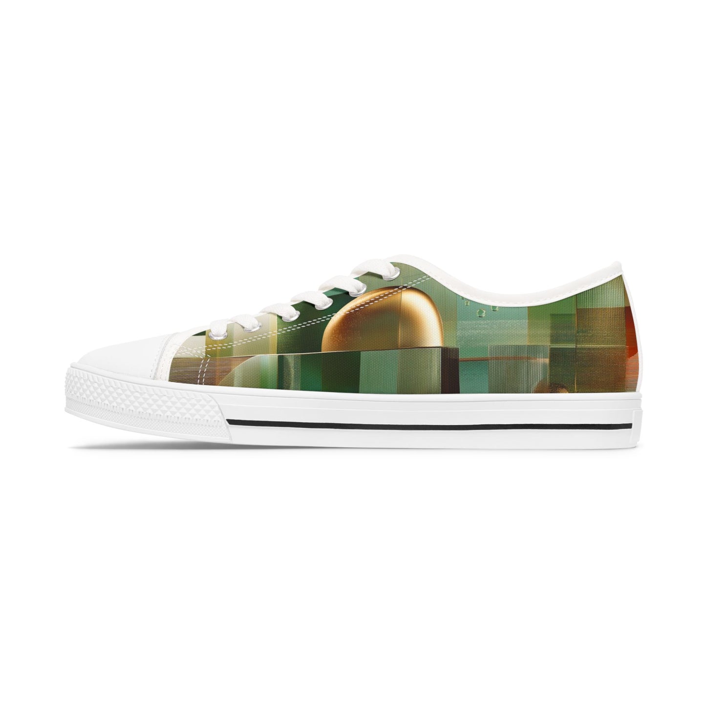 Low Top Sneakers — Green Abstract Geometric with Gold Orb Design