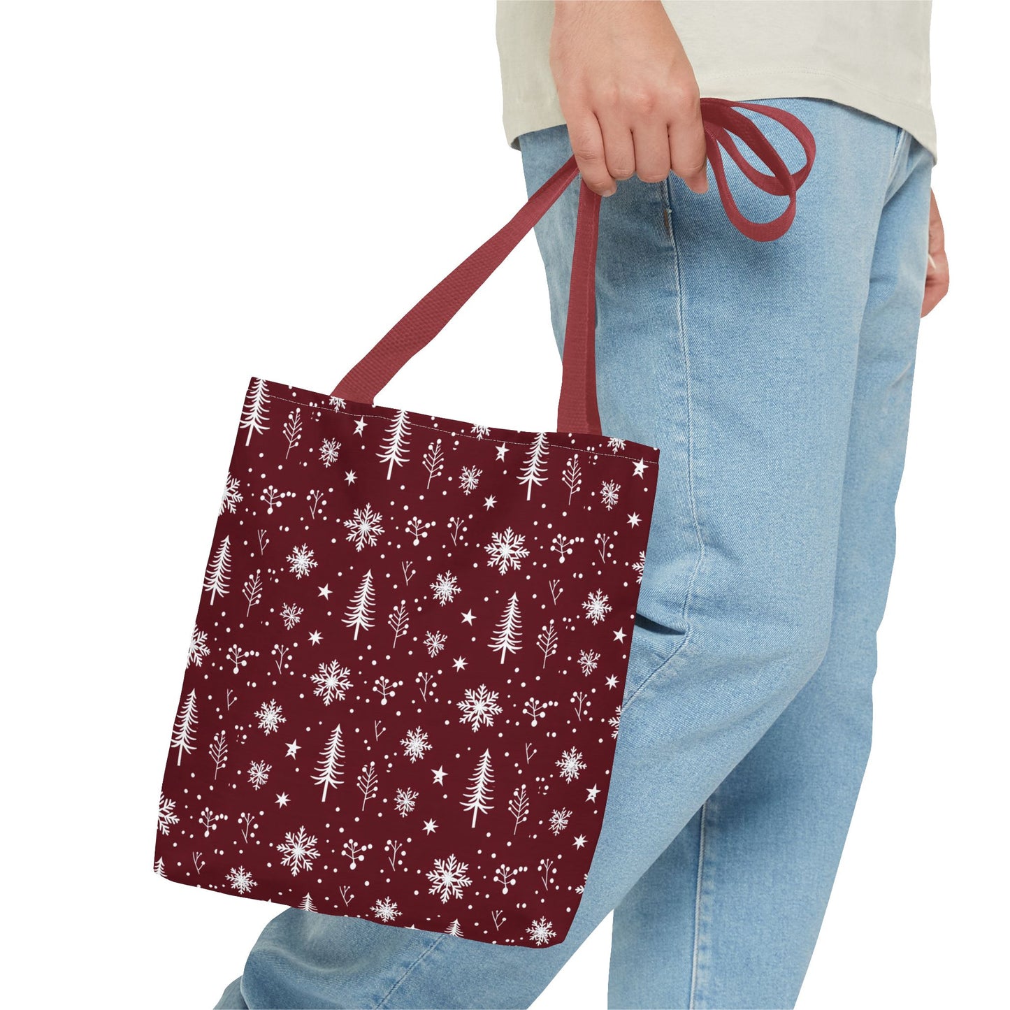 Christmas Snowflake Tote Bag – Burgundy Holiday Patterned Carryall