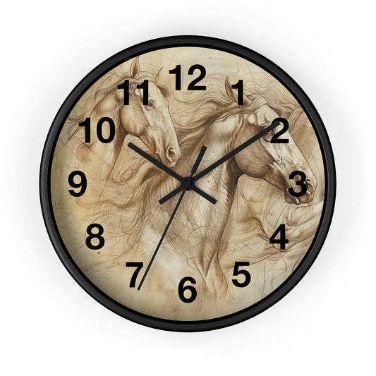 Horse Art Wall Clock — Vintage Sketch Galloping Horses Decorative Clock