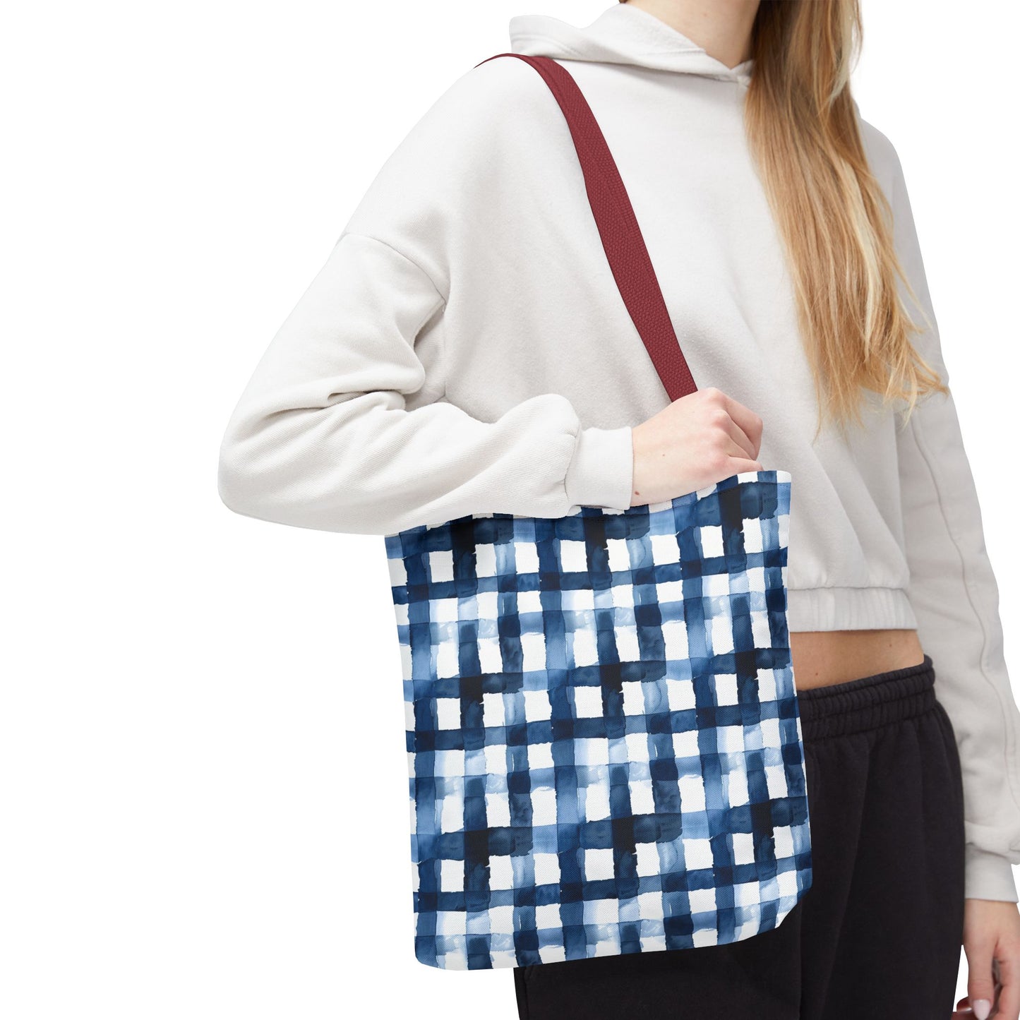 Blue Watercolor Plaid Tote Bag — Navy Check Pattern All-Over Print