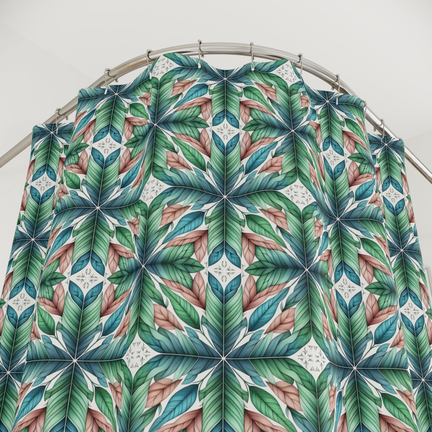 Botanical Kaleidoscope Shower Curtain — Green Leaf Geometric Bathroom Decor