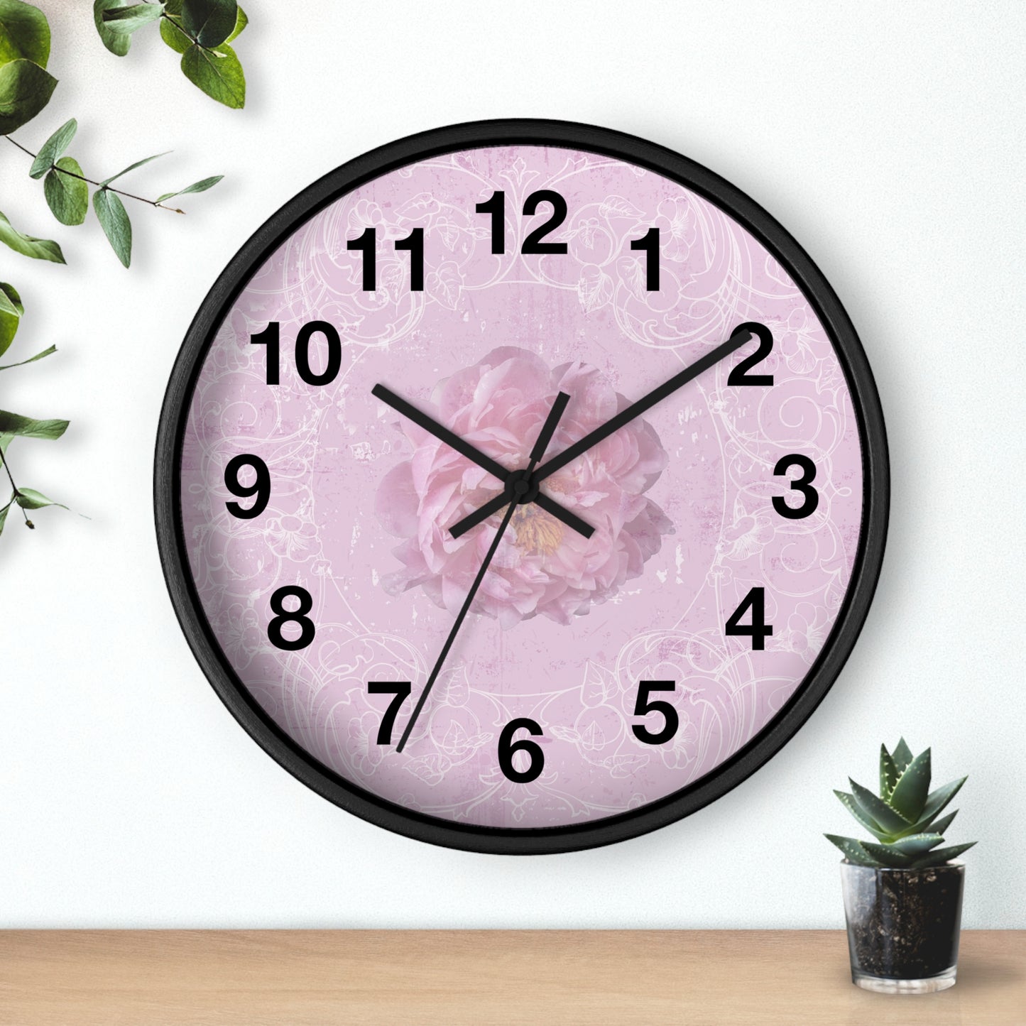 Pink Floral Wall Clock — Romantic Rose Decorative Clock for Bedroom, Nursery, or Gift
