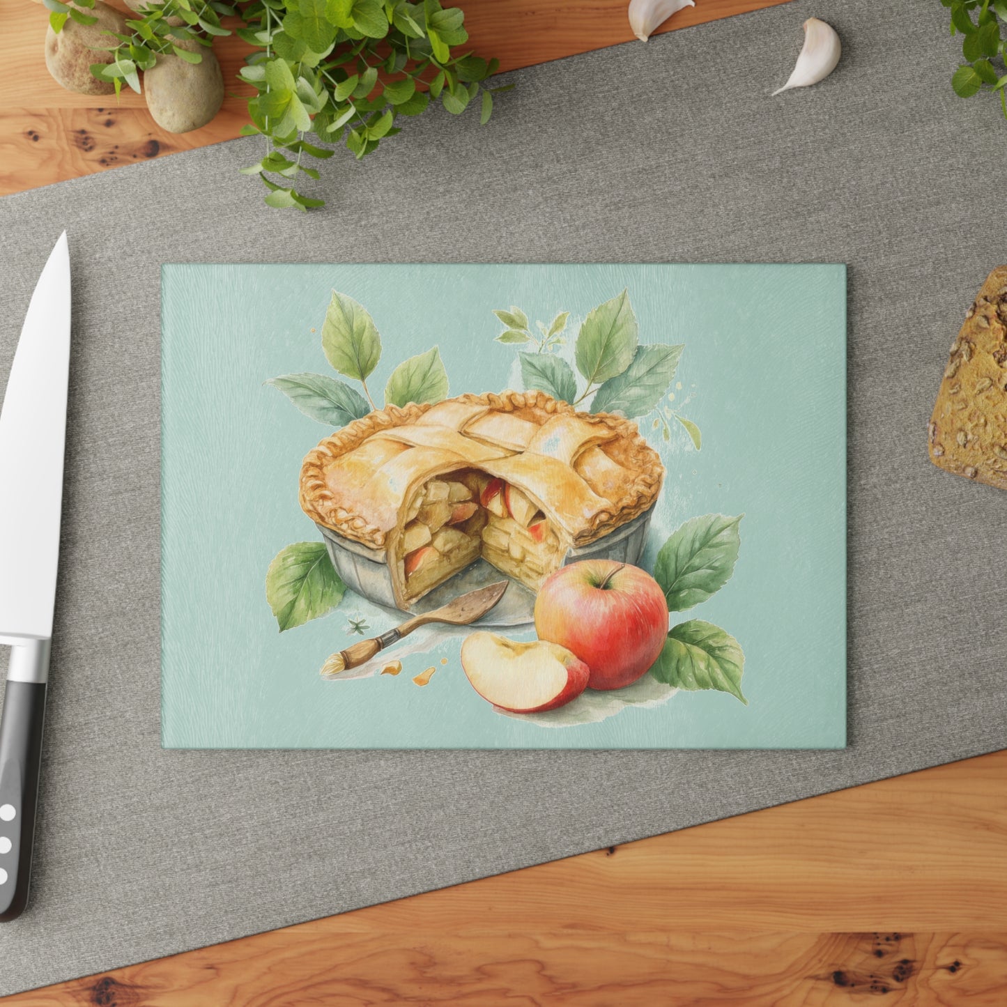 Artisan Glass Cutting Board with Apple Pie Design, Kitchen Decor, Gift for Bakers, Home Cooking, Foodie Gift