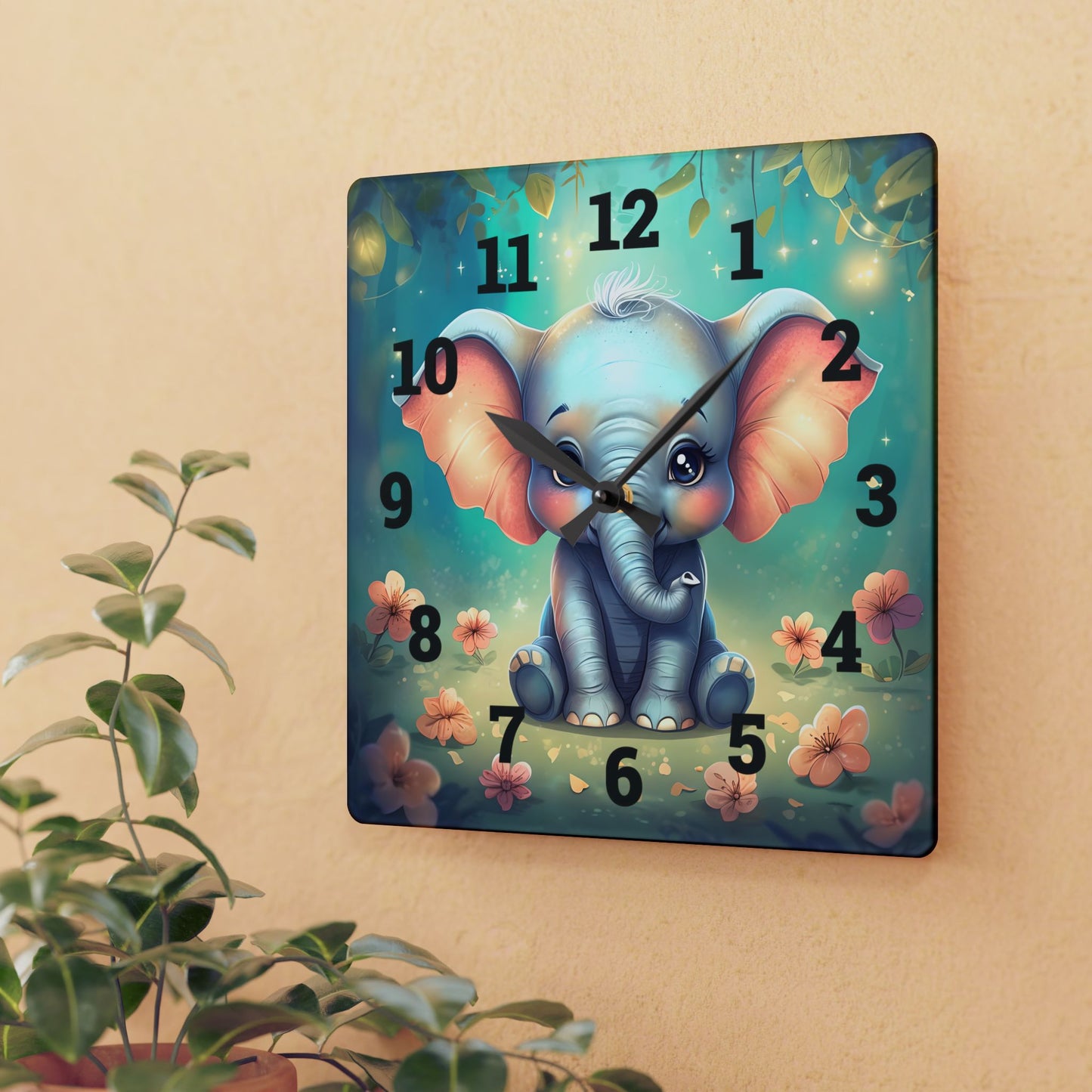 Cute Elephant Acrylic Wall Clock, Colorful Nursery Decor, Kids Room