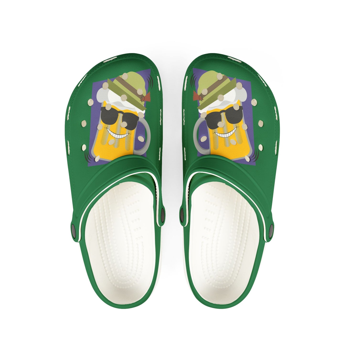 Green Foam Clogs with Cool Sunglasses Mug Graphic — Fun Casual Slip-On Shoes