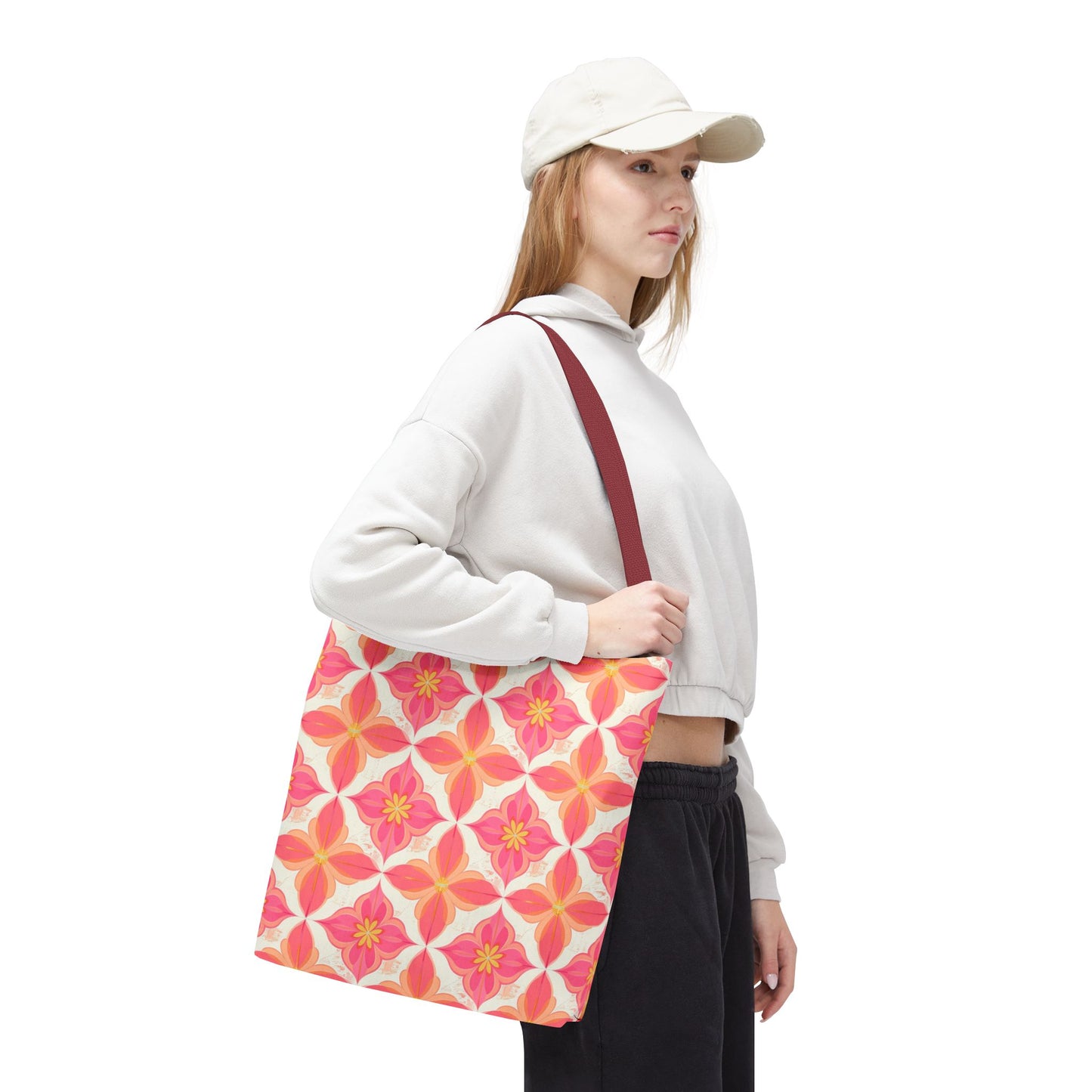 Pink Floral Geometric Tote Bag — All-Over Print Reusable Shopper