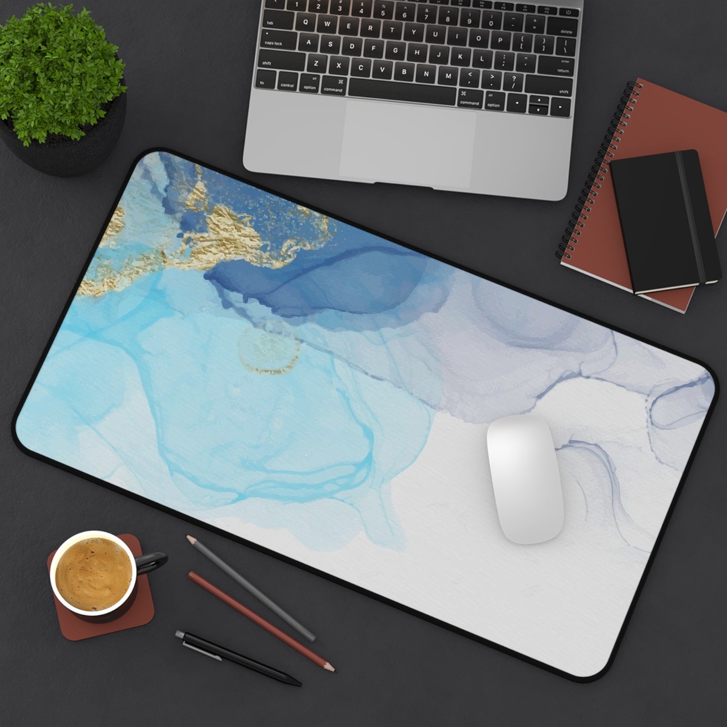 Ocean Blue Marble Desk Mat — Abstract Gold Accent Mouse Pad