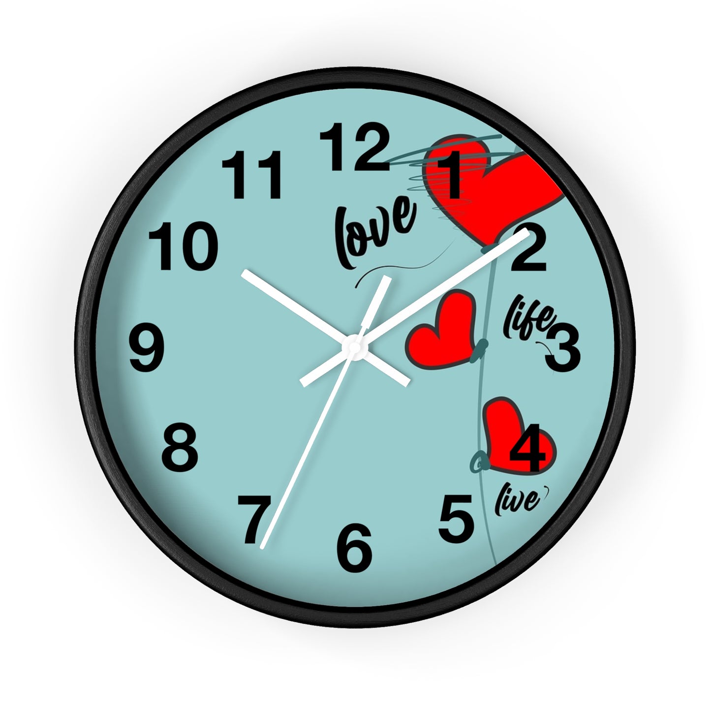 Love Hearts Wall Clock — Retro Teal Clock with Red Hearts & 'Love' Typography