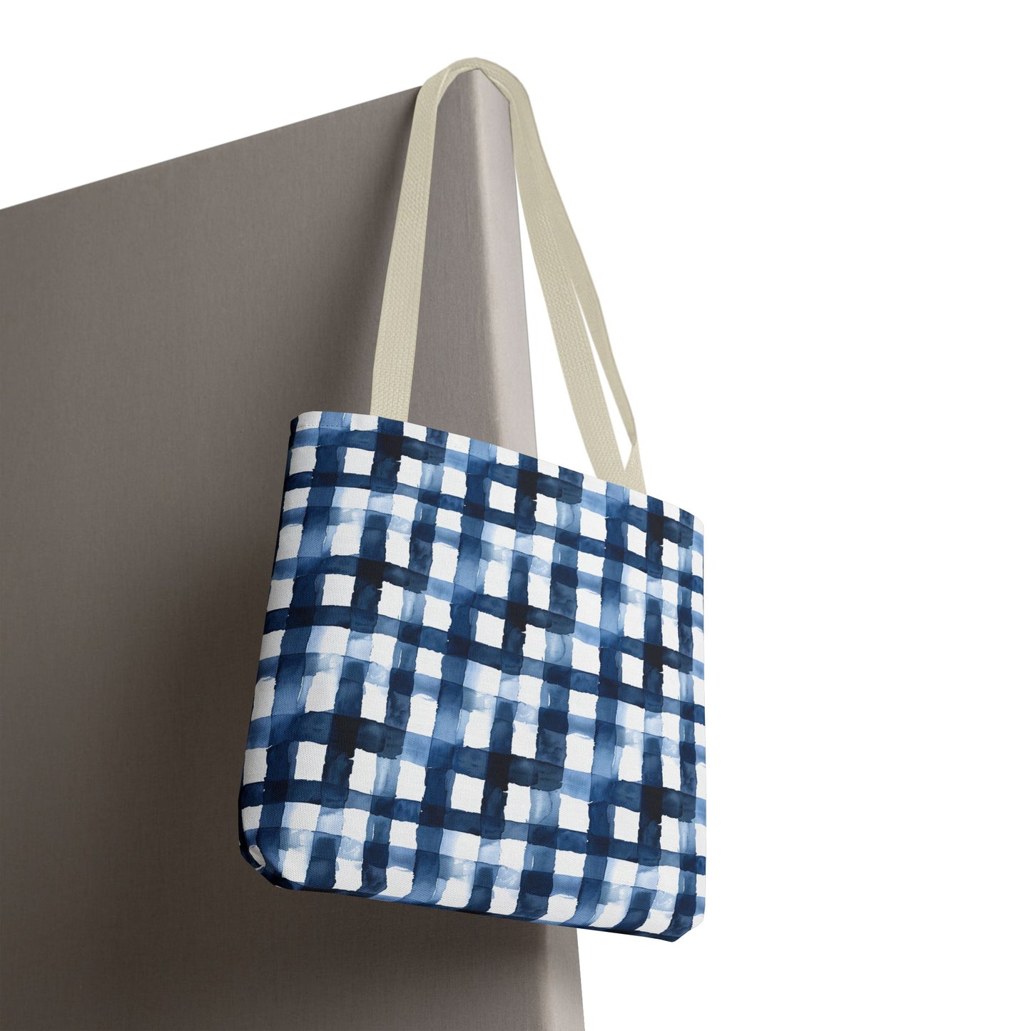 Blue Watercolor Plaid Tote Bag — Navy Check Pattern All-Over Print