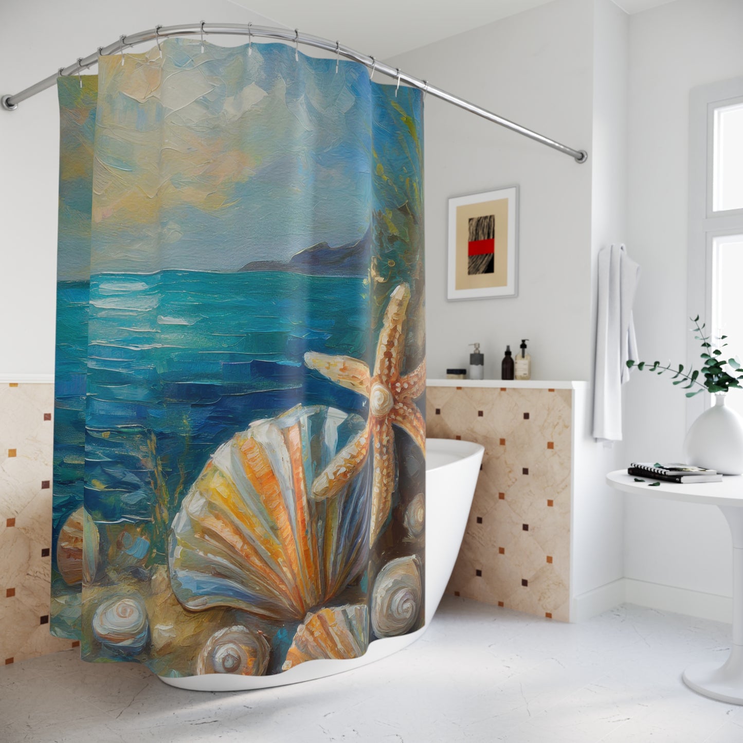 Ocean Seashell Shower Curtain — Coastal Beach Bathroom Decor with Starfish